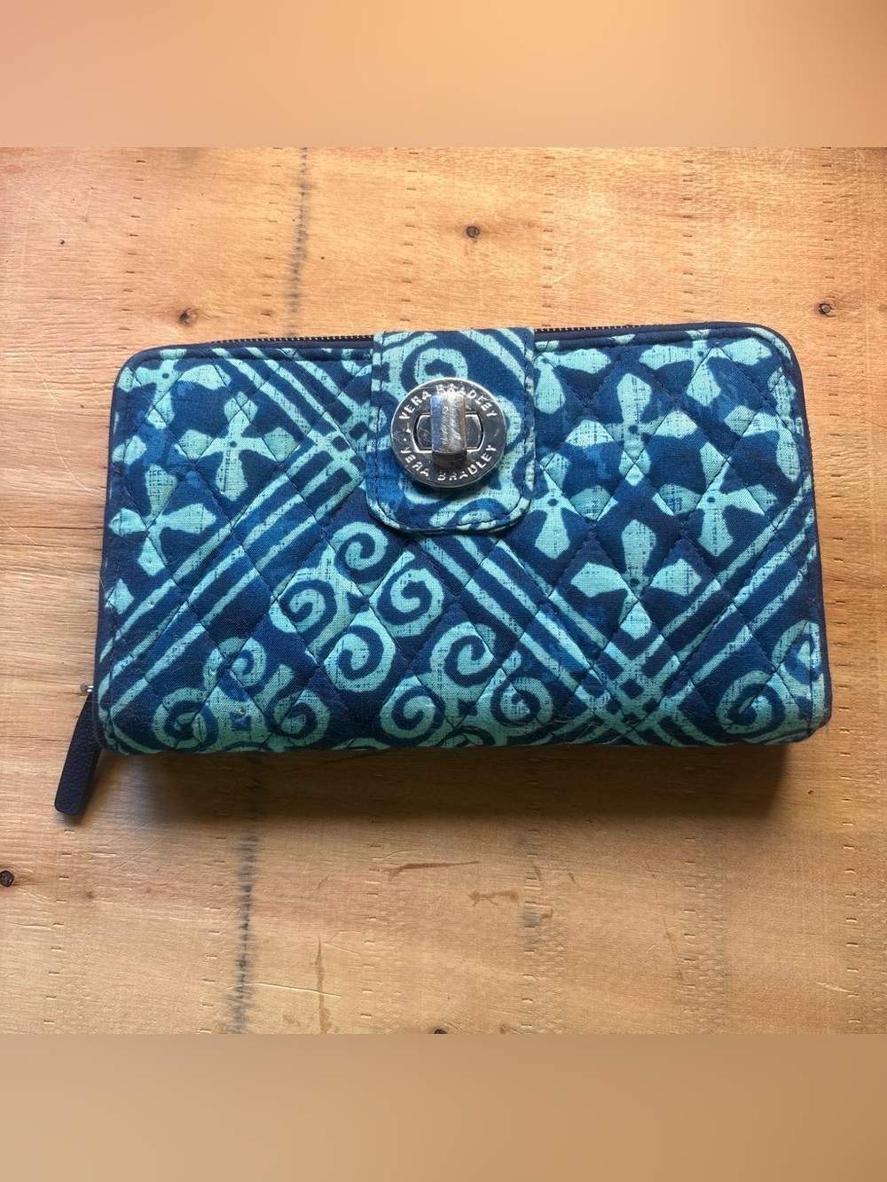 Vera Bradley Teal and Navy Quilted Snap Zip Wallet